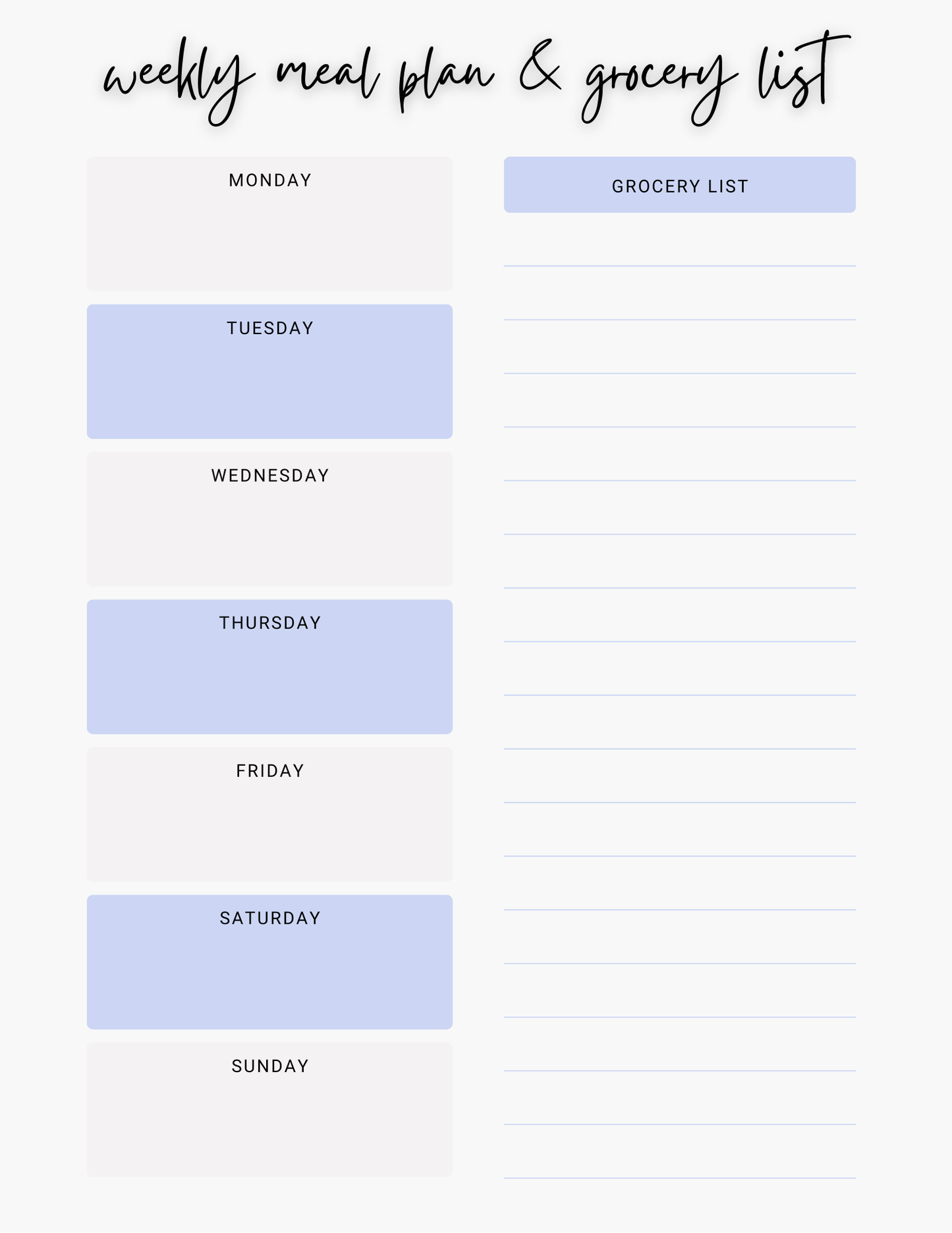 Weekly Meal Plan & Grocery List